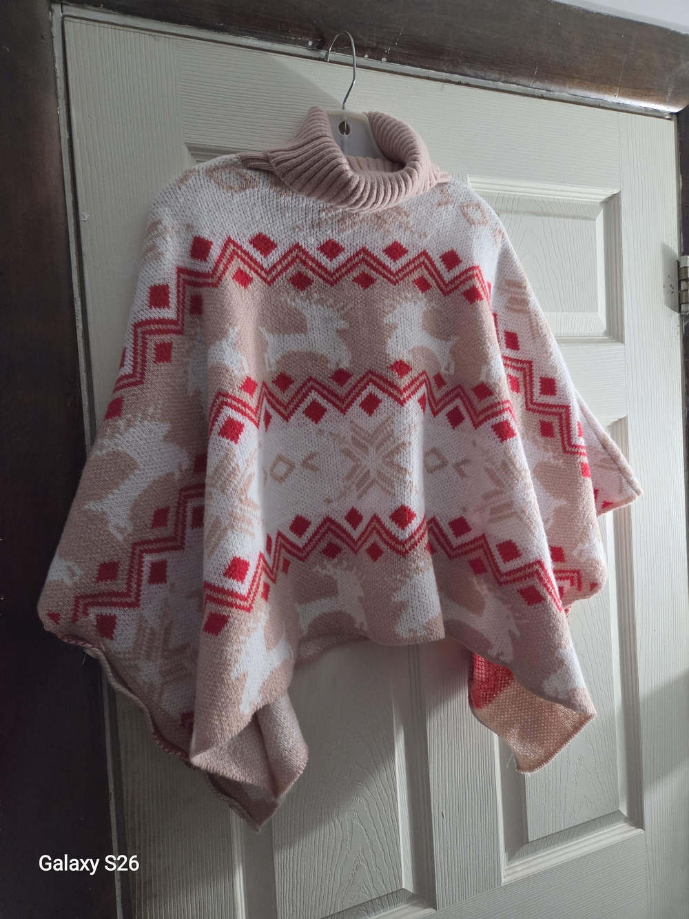 Turtleneck Reindeer Pattern Poncho Sweater - Pink